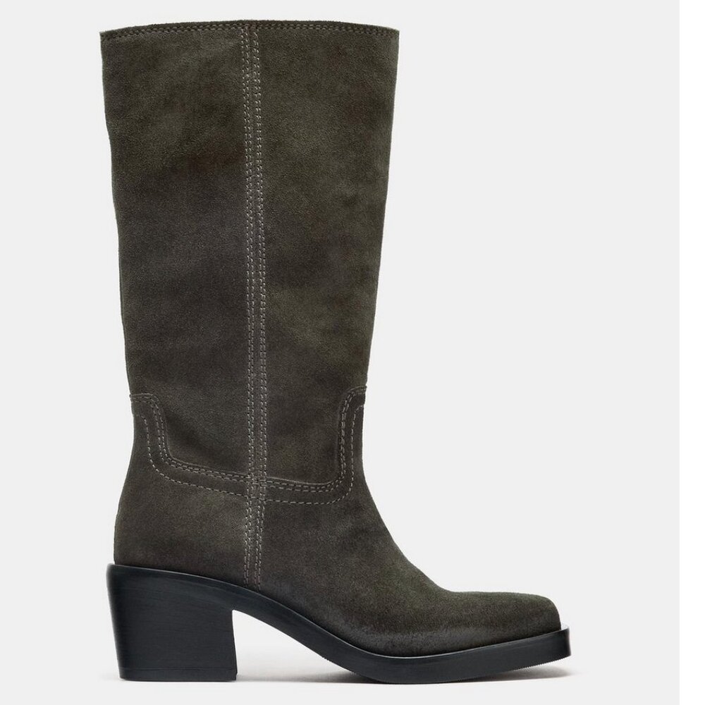NWT ZARA Split Leather Suede Topstitched Boots – Dark Khaki Brown Olive 9 40